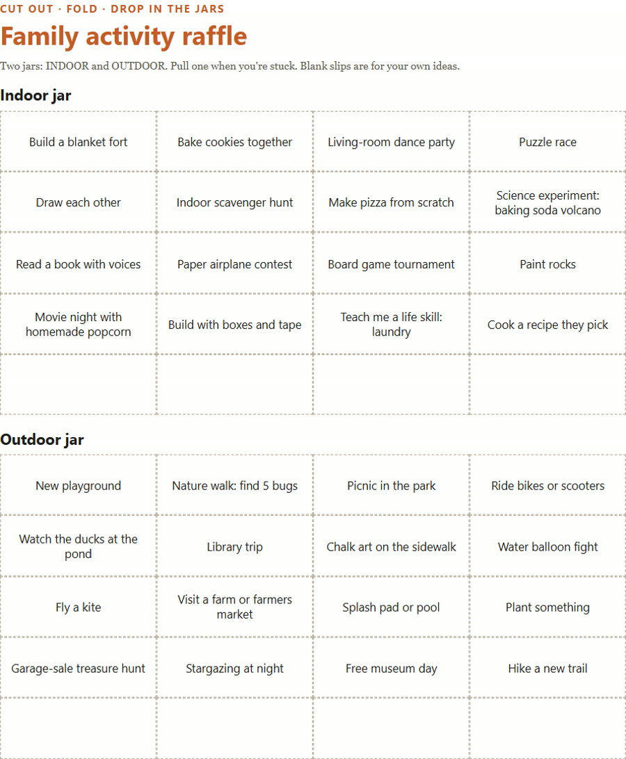 Sample page: family activity raffle slips